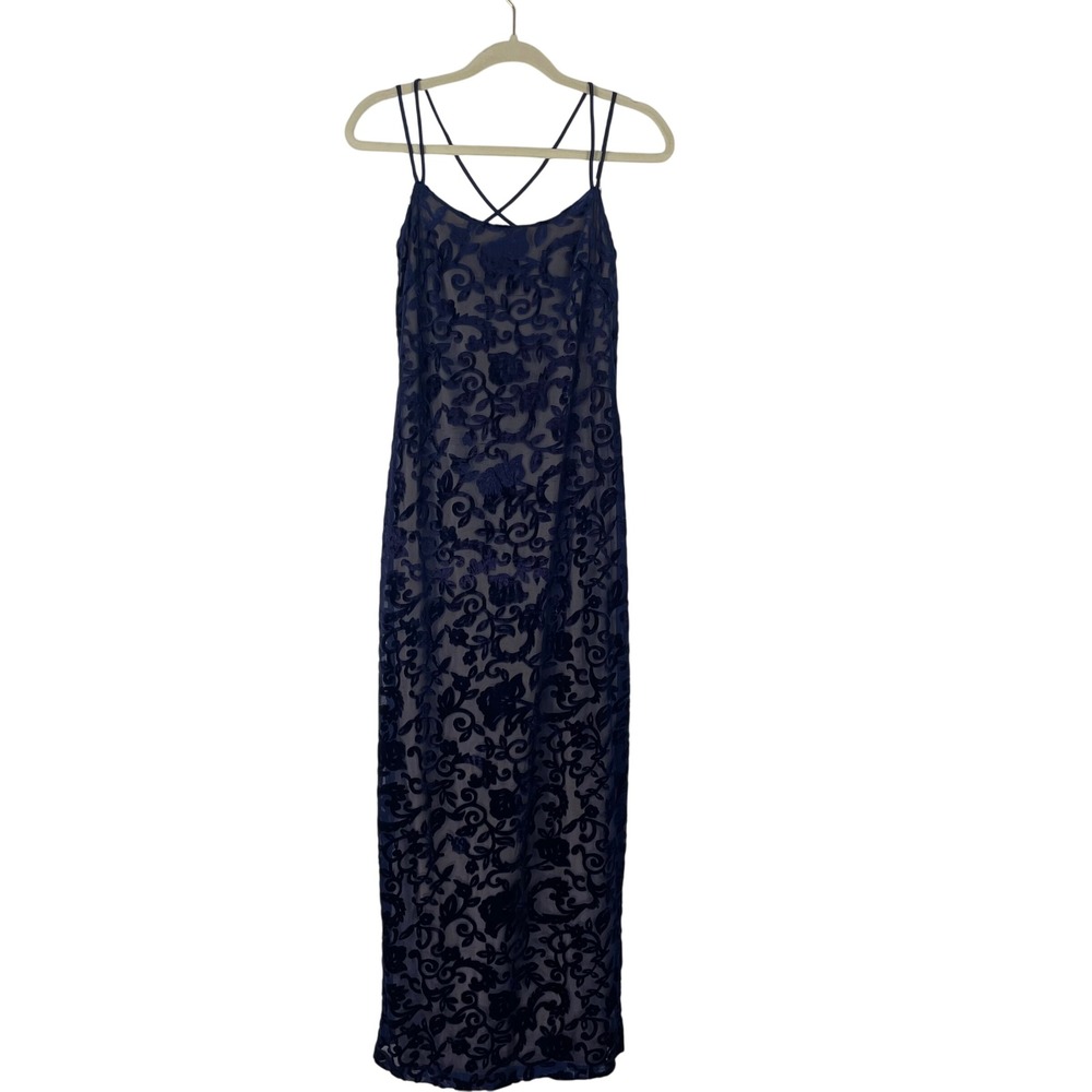 VTG Y2K Steppin' Out Navy Blue Velvet Floral Maxi Dress Gown 9/10 Whimsigoth